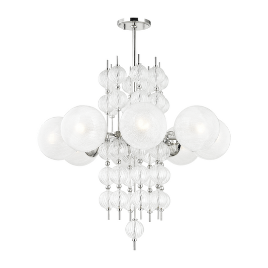 Eight-Light Spiral Glass Chandelier / Polished Nickel