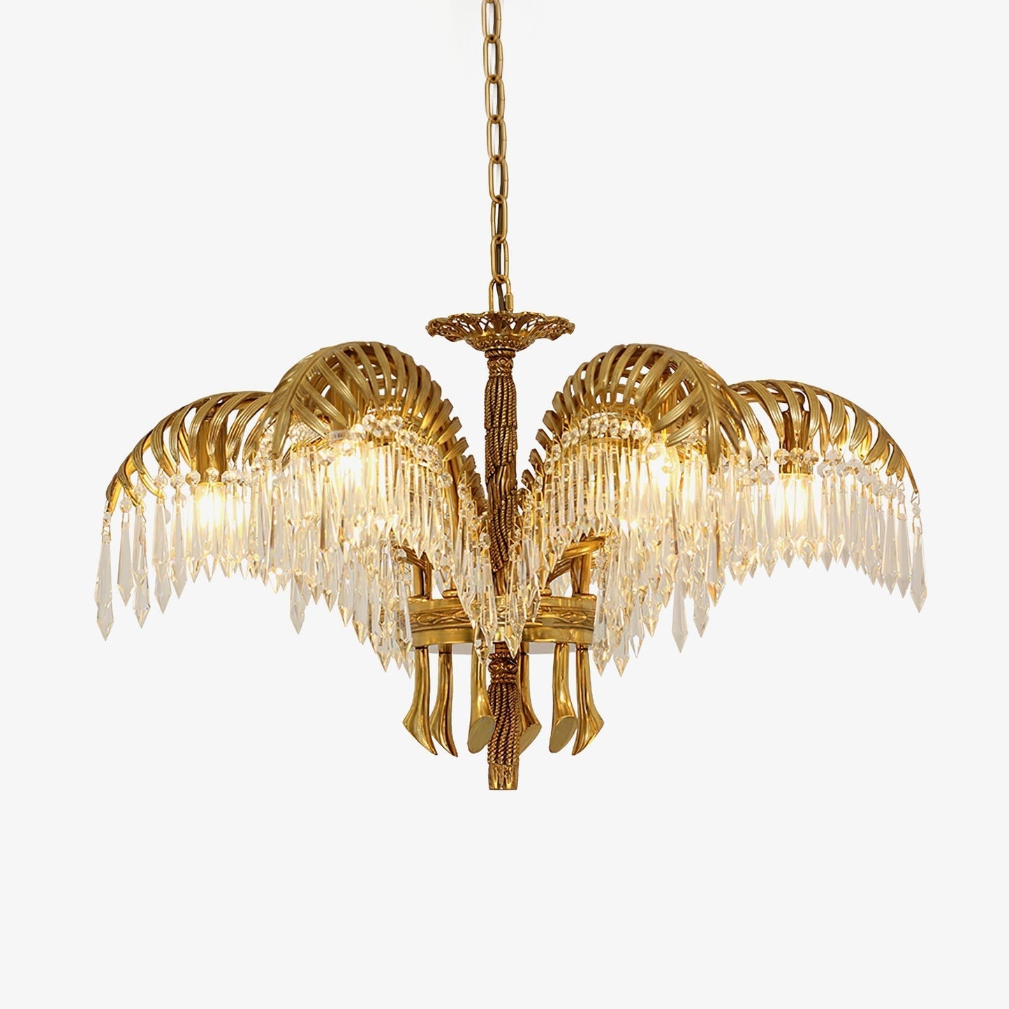 Brass Palm Leaf Crystal Chandelier / 3 Heads ∅ 21.3″ x H 16.5″ / Dia 54cm x H 42cm / Brass & Clear crystal