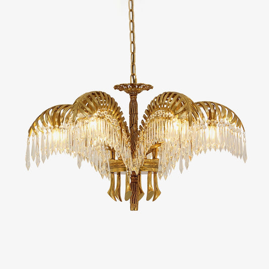 Brass Palm Leaf Crystal Chandelier / 3 Heads ∅ 21.3″ x H 16.5″ / Dia 54cm x H 42cm / Brass & Clear crystal