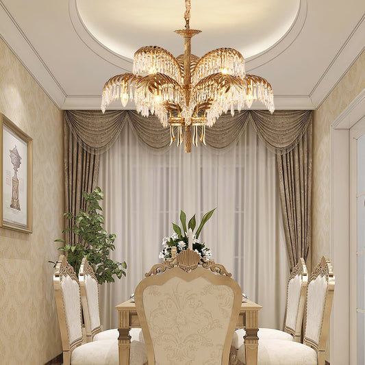 Brass Palm Leaf Crystal Chandelier / 6 Heads ∅ 29.9″ x H 16.5″ / Dia 76cm x H 42cm / Brass & Clear crystal
