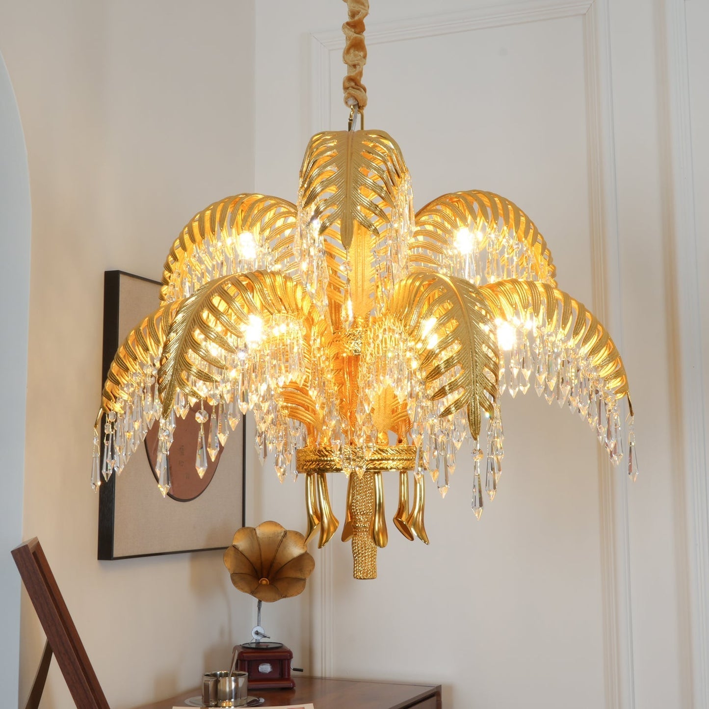 Brass Palm Leaf Crystal Chandelier / 8 Heads ∅ 32.3″ x H 15″ / Dia 82cm x H 50cm / Brass & Clear crystal
