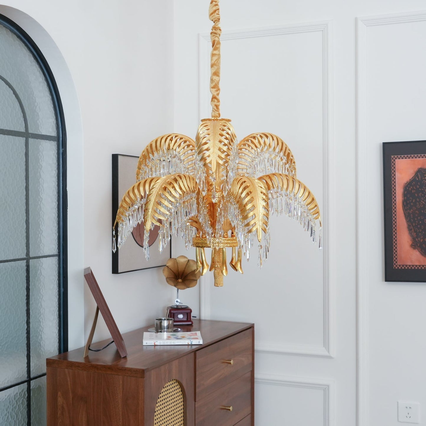 Brass Palm Leaf Crystal Chandelier / 3+6 Heads ∅ 29.9″ x H 23.6″ / Dia 76cm x H 60cm / Brass & Clear crystal