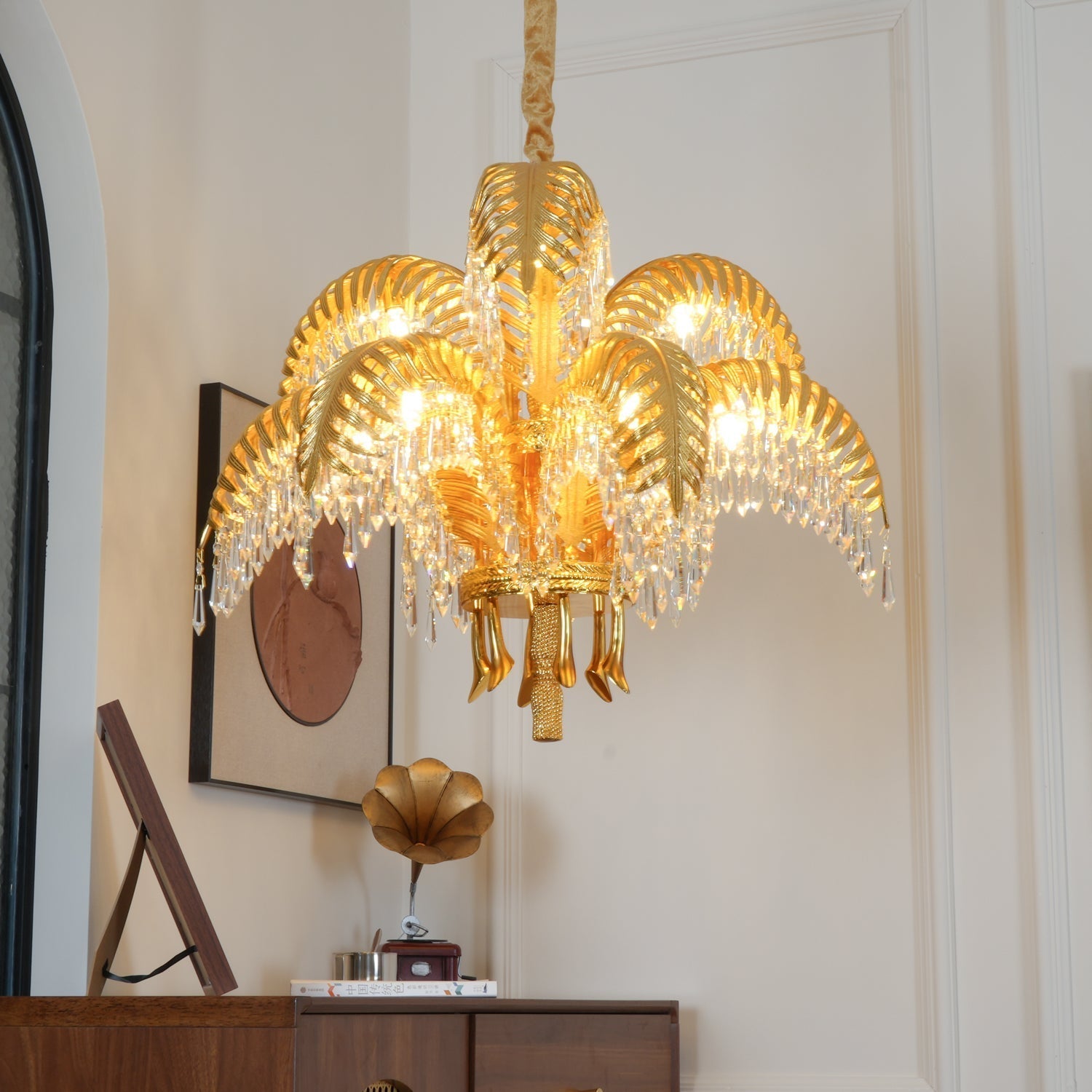 Brass Palm Leaf Crystal Chandelier / 4+8 Heads ∅ 32.3″ x H 29.5″ / Dia 82cm x H 75cm / Brass & Clear crystal