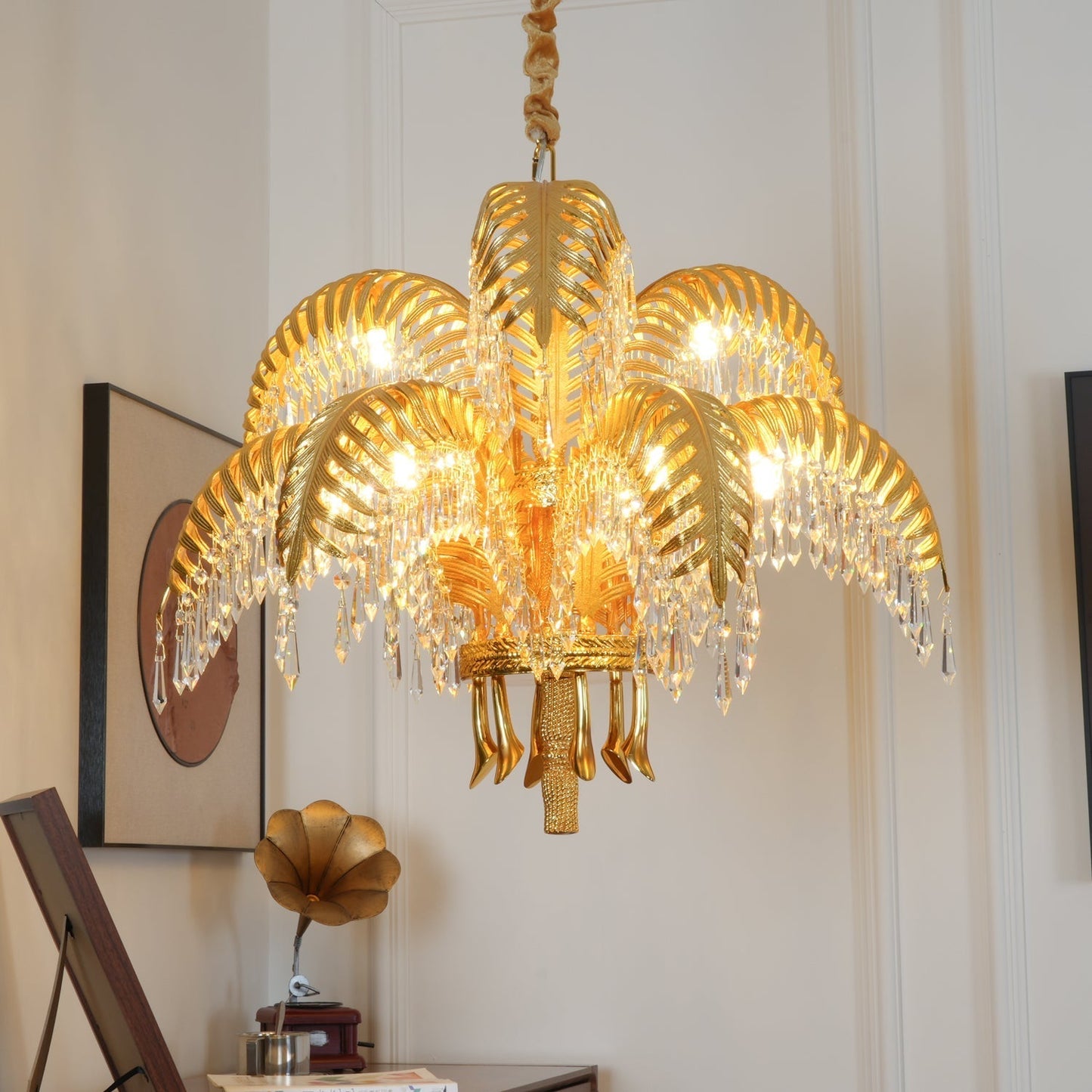Brass Palm Leaf Crystal Chandelier / 5+5+10 Heads ∅ 47.2″ x H 43.3″ / Dia 120cm x H 110cm / Brass & Clear crystal