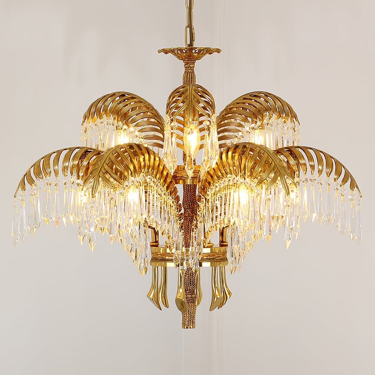Brass Palm Leaf Crystal Chandelier