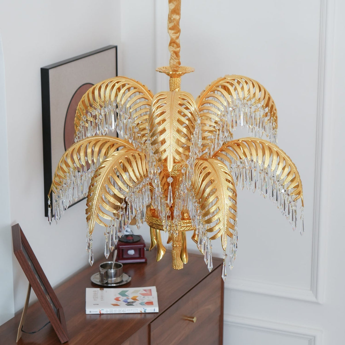 Brass Palm Leaf Crystal Chandelier