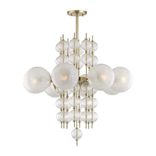 Eight-Light Spiral Glass Chandelier / Aged Brass