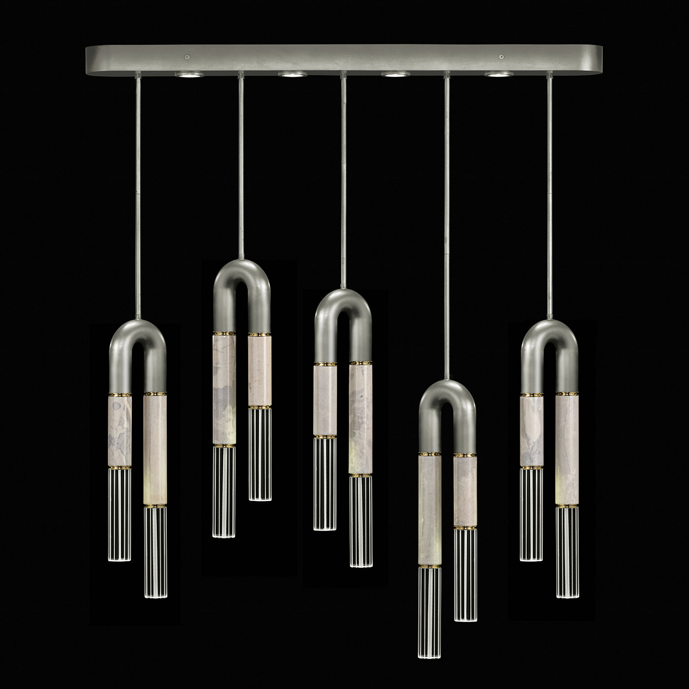 Five-Drop Parchment Linear Pendant Light / Silver Leaf / Brass / Smoke