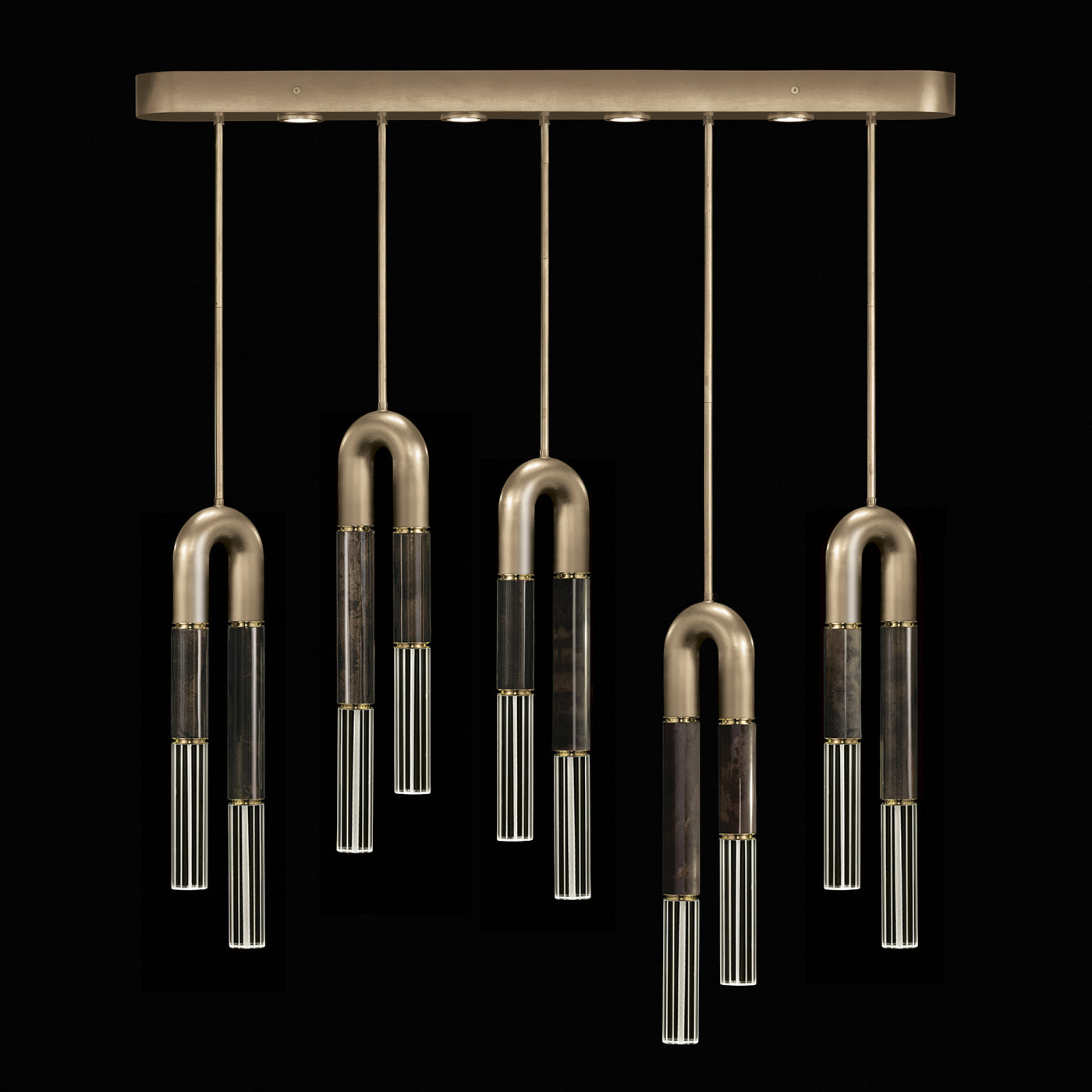 Five-Drop Parchment Linear Pendant Light / Soft Gold Leaf / Brass / Charcoal