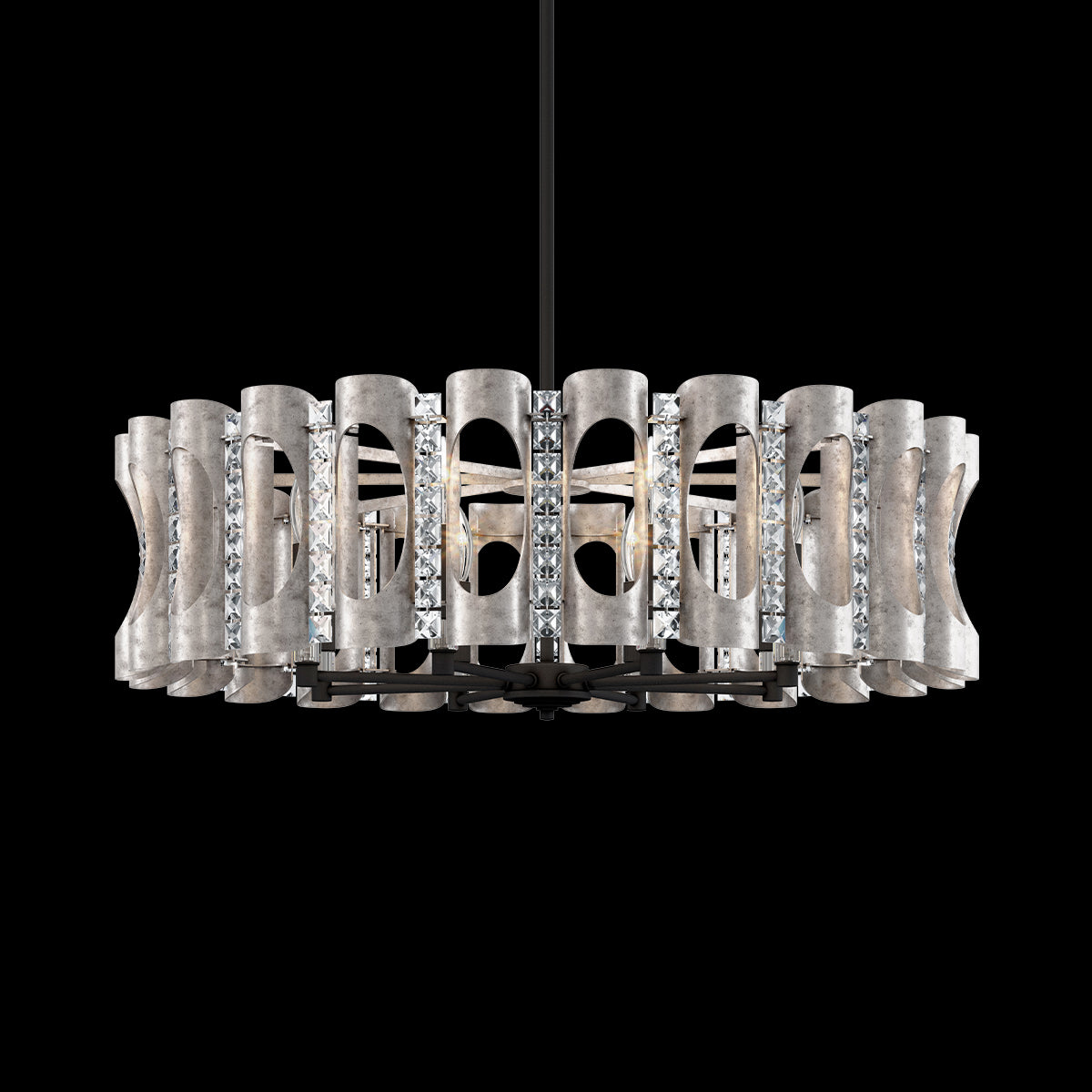 Large Geometric Crystal Pendant Light / Antique Silver